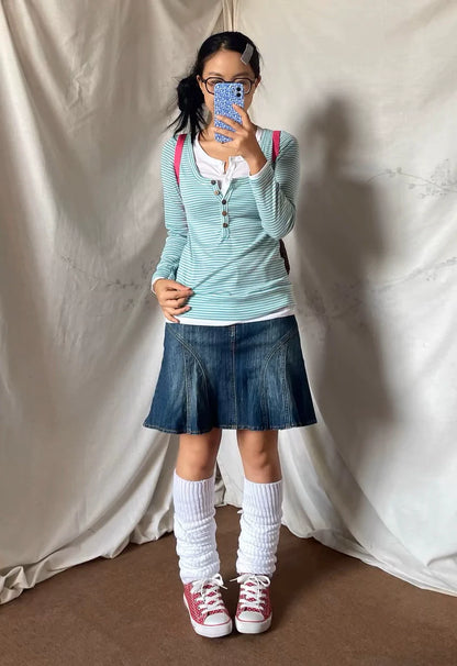 Green Striped Fake Two-Piece Subculture Y2K E-girl Vintage Japanese Retro Long Sleeve Top