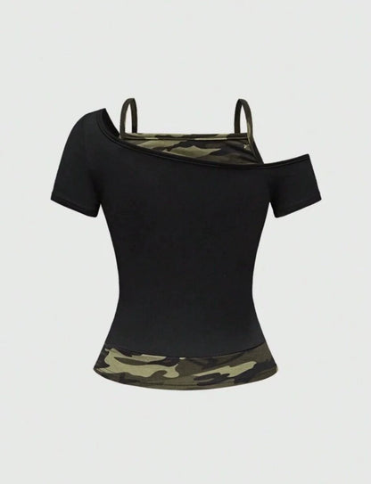 Black Camo Subculture Y2K E-girl American Retro Fake Two-Piece Short Sleeve Top