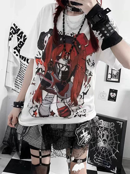 Rock Devil White Tee and Black White Spider Lace Skirt Y2K Two Pieces Sets