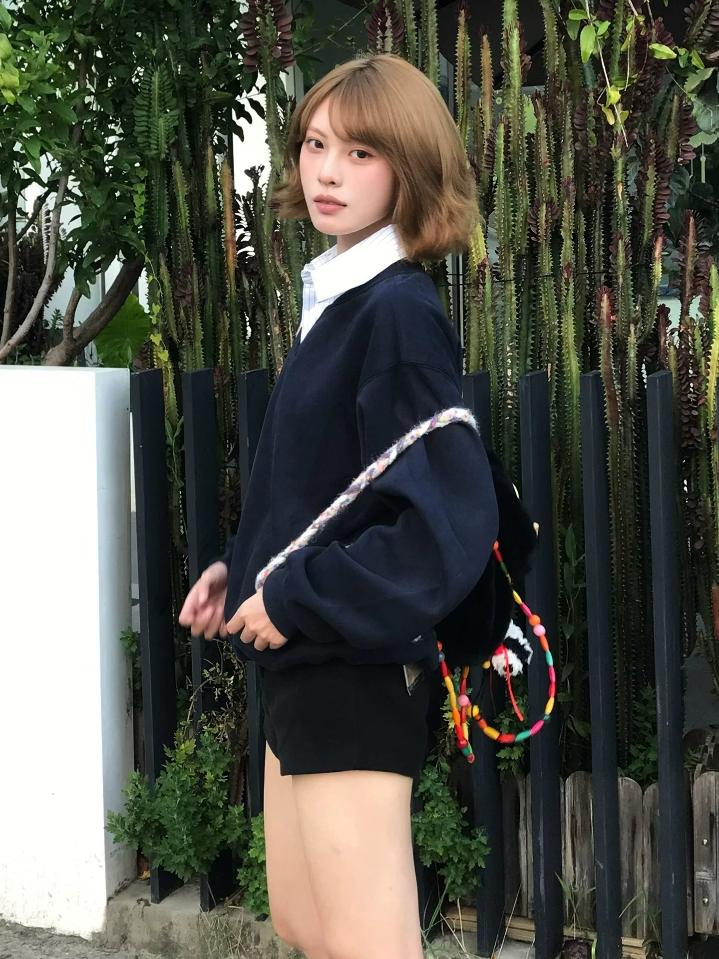 Faux-Layered V-Neck Sweatshirt Smart Academic Stripe Polo Top