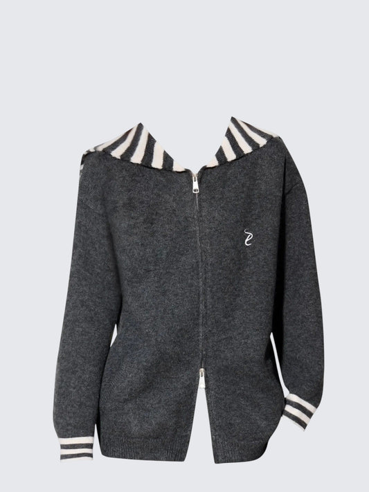 Gray Striped Navy Collar Knit Cardigan Women