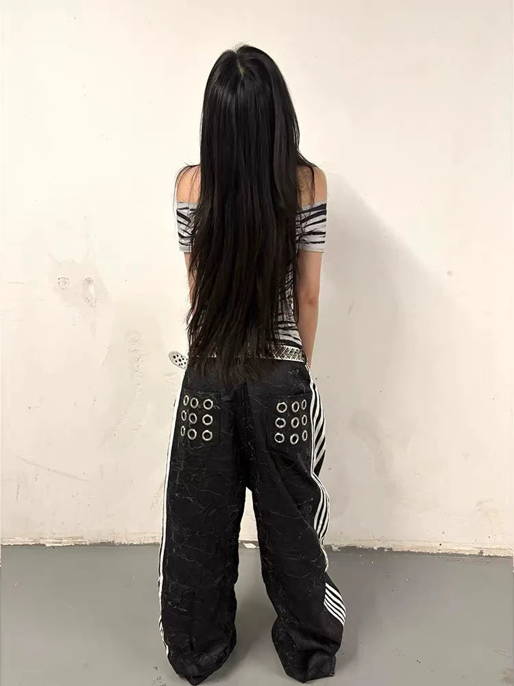 Zebra Stripe Subculture Y2K E-girl Shibuya Girl Abi American Retro Print Light Subculture Short Sleeve Top