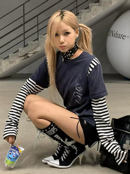 Y2K Striped Colorblock Long Sleeve Layered T Shirt Top