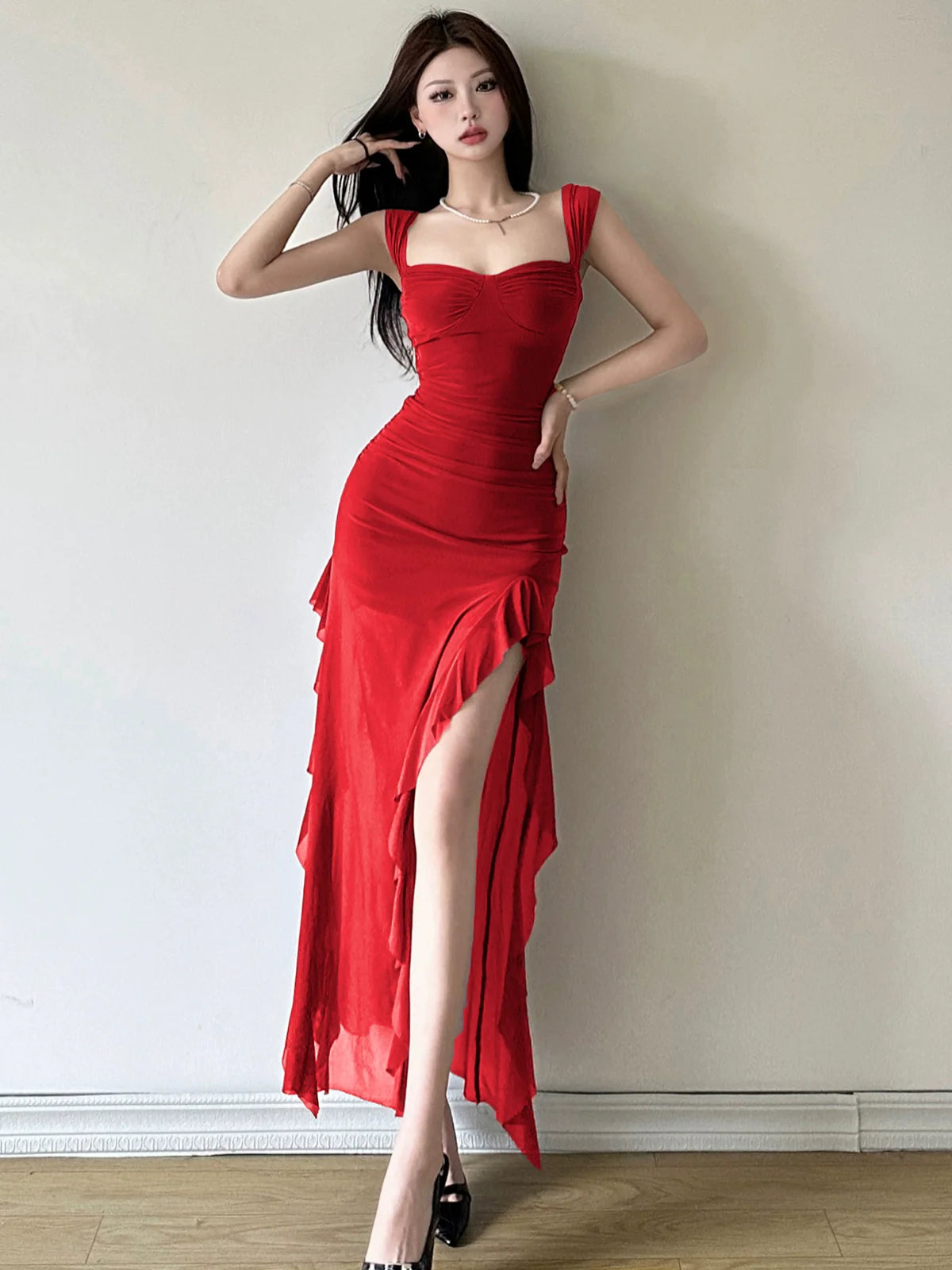Soft Sexy Ruffle-Paneled Waist-Cinched High-Slit Maxi Dress