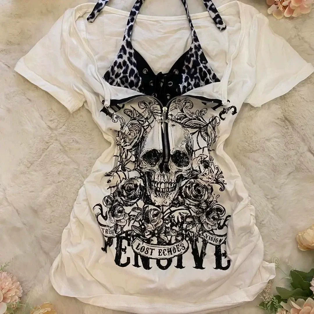 Skull Leopard Patchwork Y2K T-Shirt