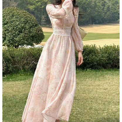 Embroidered Lace Floral Pink Gown Dress