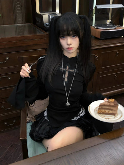 Y2K Flared Embroidered Lace-Up Long Sleeve Top for Early Autumn