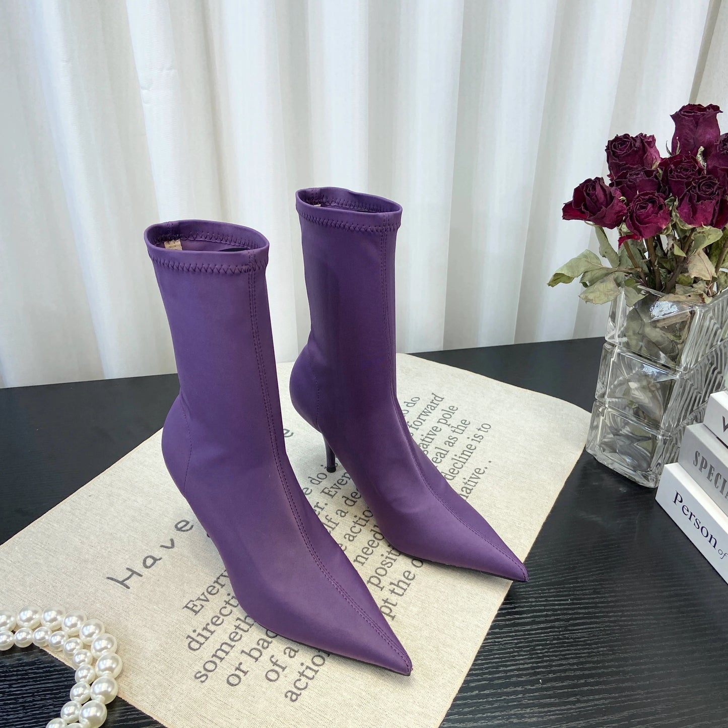 European Sexy High Heel Slim Boots Spring Autumn Colorful Mid Calf Sock Boots Pointed Toe Thin Heel Stretchy Boots Women