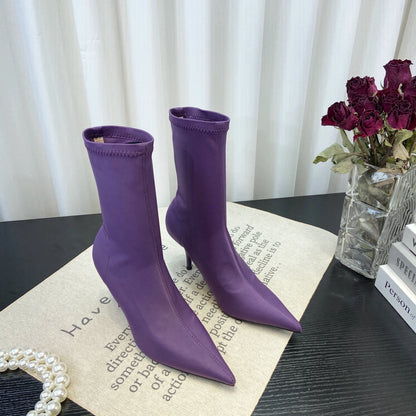 European Sexy High Heel Slim Boots Spring Autumn Colorful Mid Calf Sock Boots Pointed Toe Thin Heel Stretchy Boots Women
