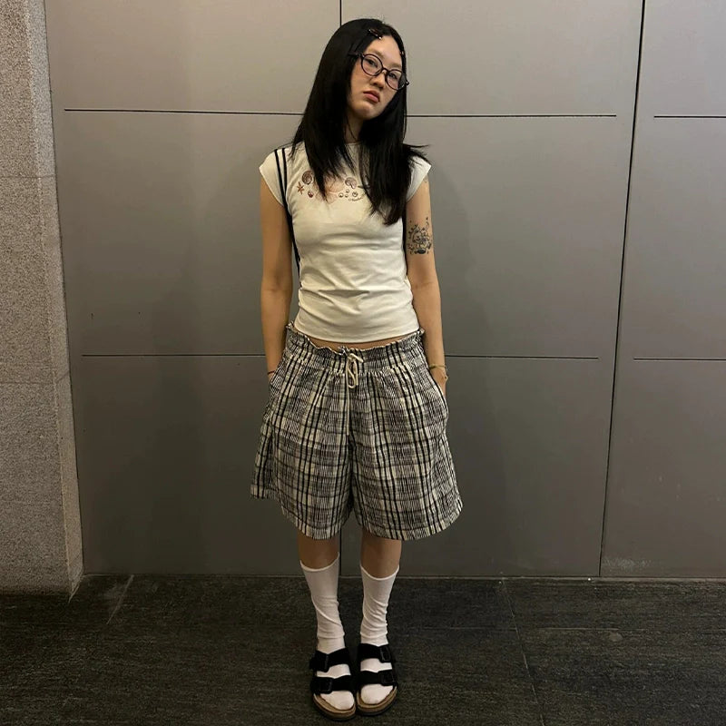 Vacation Plaid Relaxed Shorts Japanese Textured Wide-Leg Mid Shorts