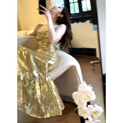 Gold Spaghetti Strap Sequin Mermaid Gown Dress