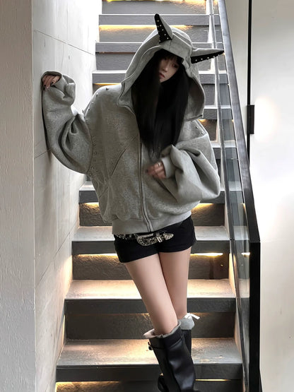 American Doberman Zip-Up Hoodie Studded Heavyweight Sweatshirt