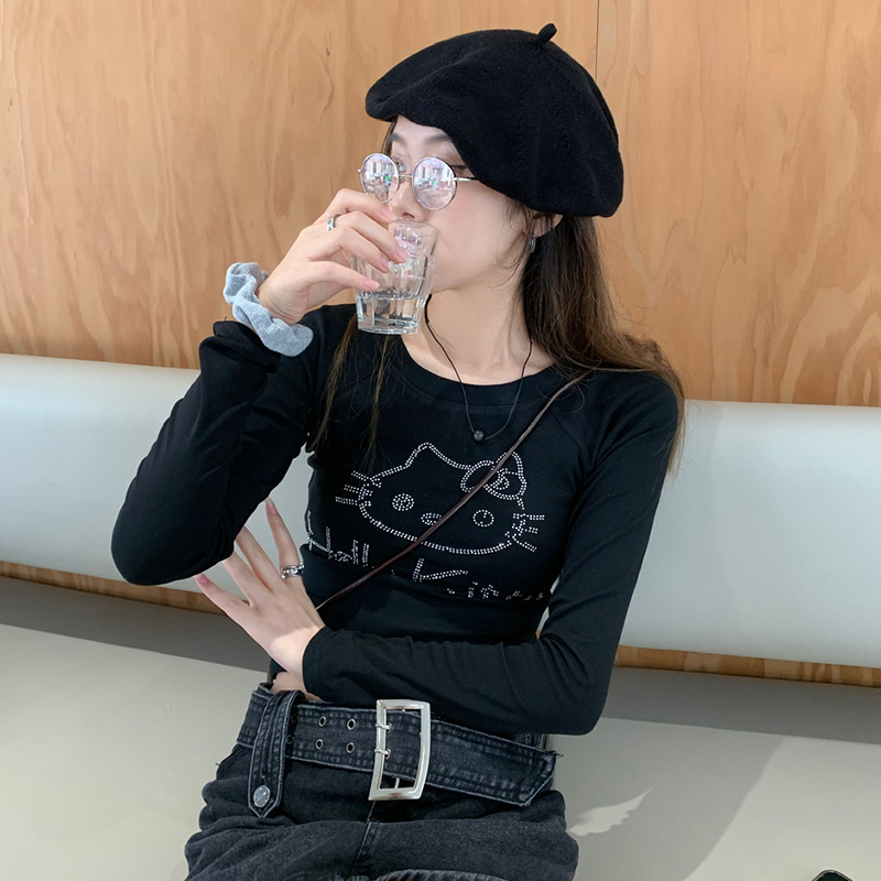 Black Subculture Y2K E-girl Hello Kitty Rhinestone Slim Versatile Short Top