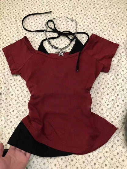 Red American Vintage Fake Two-Piece Halter Tie Y2K T-Shirt