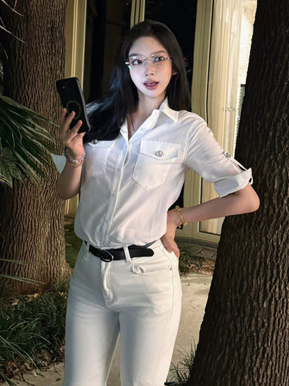 Old Money White Short Sleeve Shirt Summer Casual Slim Fit Lazy Chic Spicy Girl Top