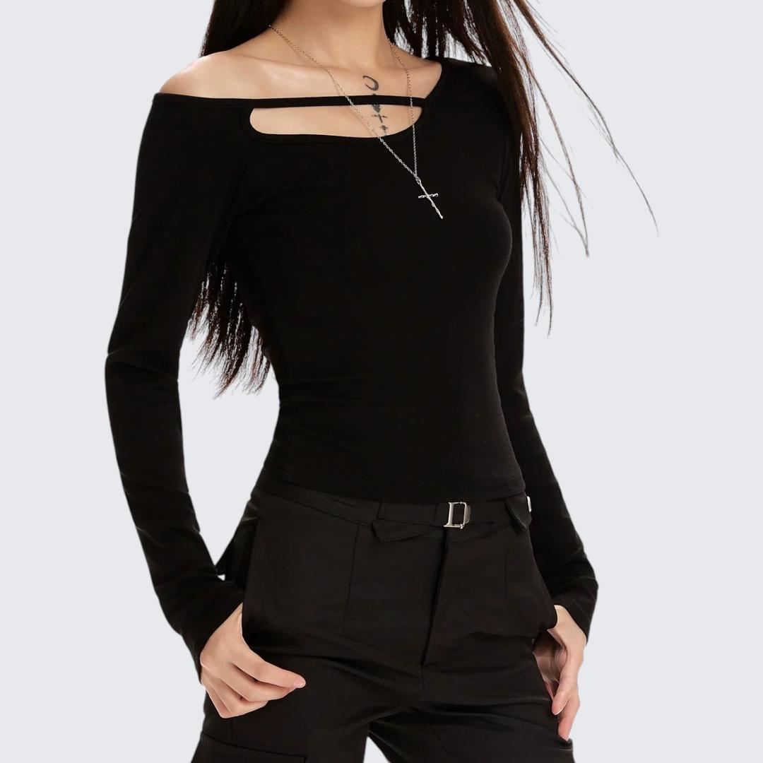 Spring-Autumn Black Off-The-Shoulder Long-Sleeve E-Girl T-Shirt With Slim Fit & Layering-Friendly Design