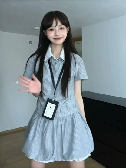 Preppy Style Fake Two-Piece Stripe Short-Sleeve Shirt Dress