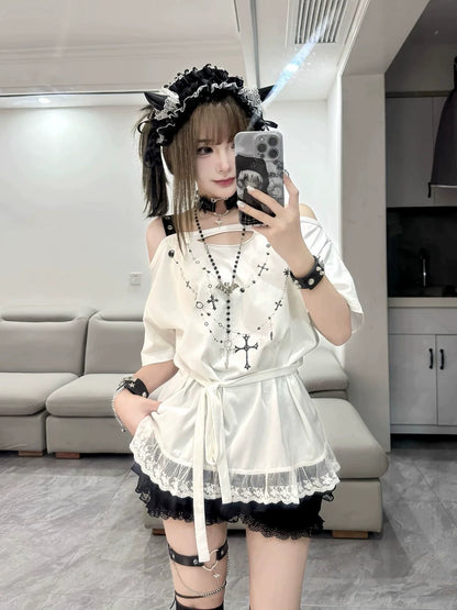 White Ribbon Ripped Y2K T-Shirt