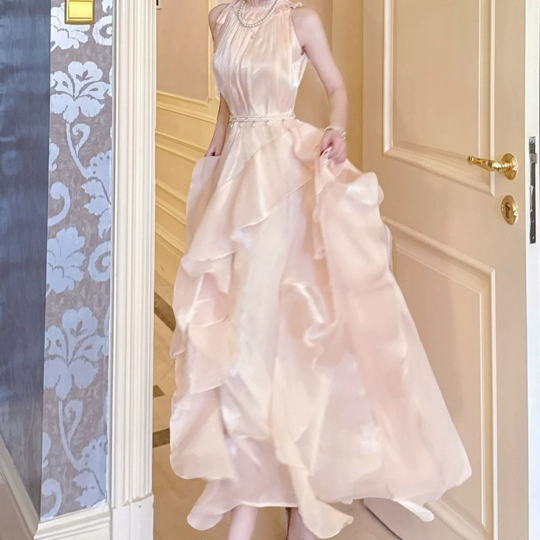 French Pink Ruffle Sleeveless Gown Dress