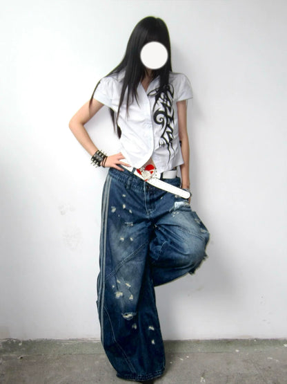 Punk Subculture Printed Short Sleeve Shirt  Fitted Waist Y2K Alternative Top