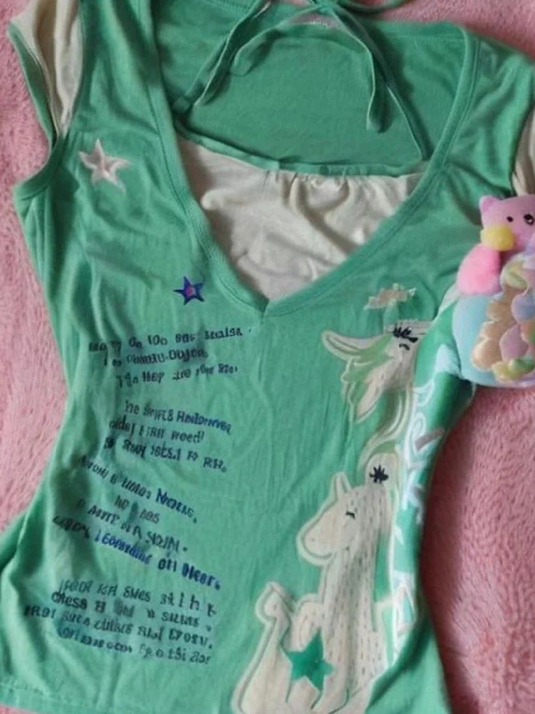 Old-School Green Fake Two-Piece Light Subculture Y2K T-Shirt