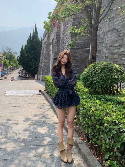 French Floral V-Neck Chiffon Long-Sleeve Waist-Cinched Mini Dress