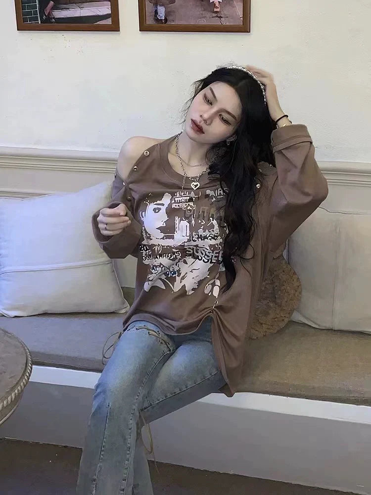 Khaki Subculture Punk Y2K E-girl Print Off-Shoulder Niche Oversized Hoodie