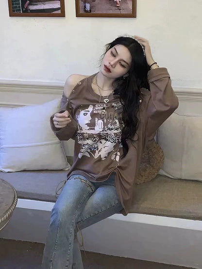 Khaki Subculture Punk Y2K E-girl Print Off-Shoulder Niche Oversized Hoodie