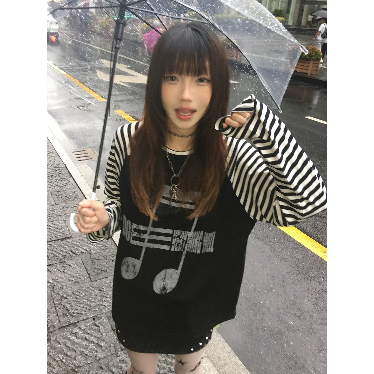 Y2K Dark Note Stripe Long Sleeve Top for Autumn