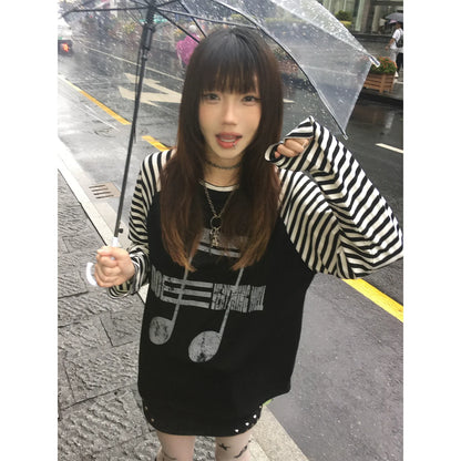 Y2K Dark Note Stripe Long Sleeve Top for Autumn
