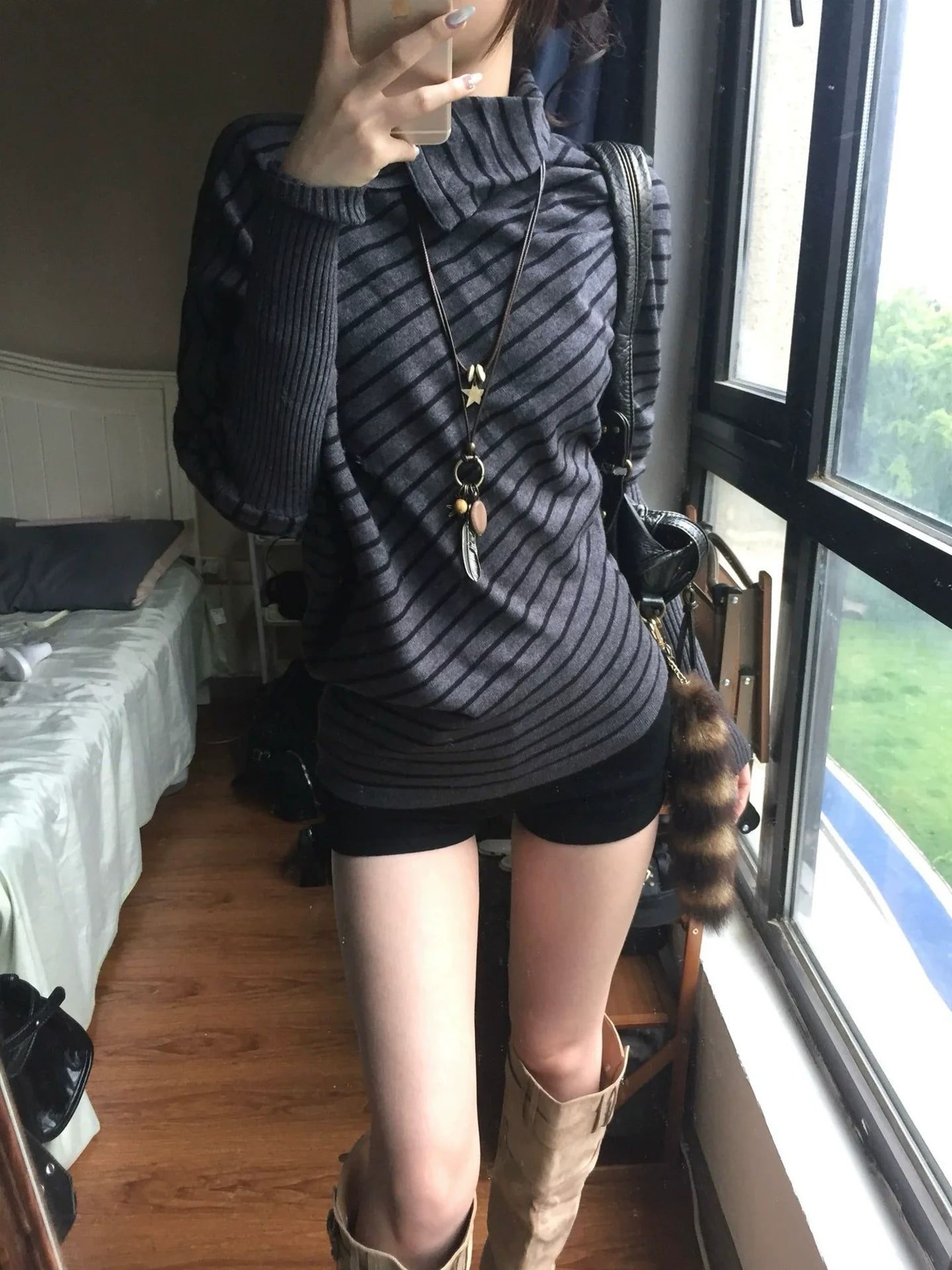 Vintage Gray Stripe Batwing Turtleneck Sweater Slim Waist Top