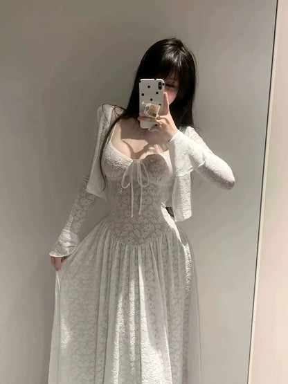 French White Lace Jacquard Cardigan & Slip Dress Set