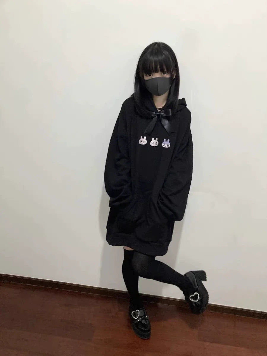 Black Bunny Hooded Sweatshirt Subculture Y2K Japanese Anime Light Subculture Otaku-Style Abi Autumn/Winter Top