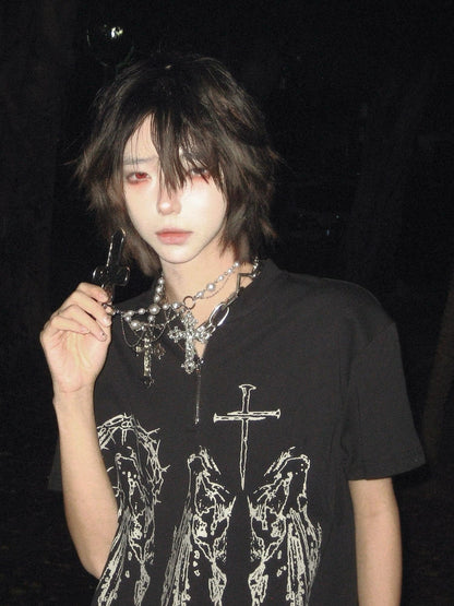 Vintage Black Zip Punk Short Sleeve Top