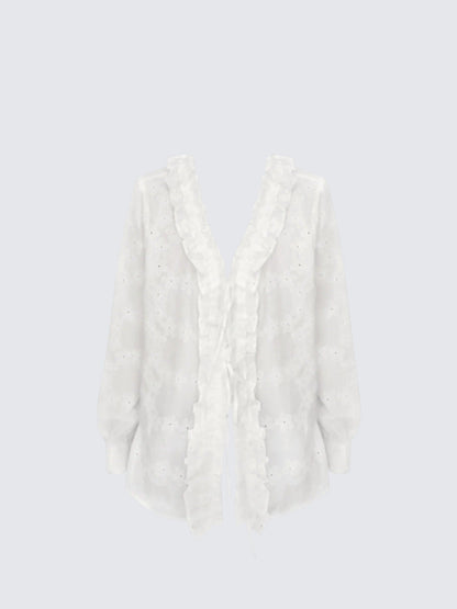 French Ruffle White Long Sleeve Shirt Women