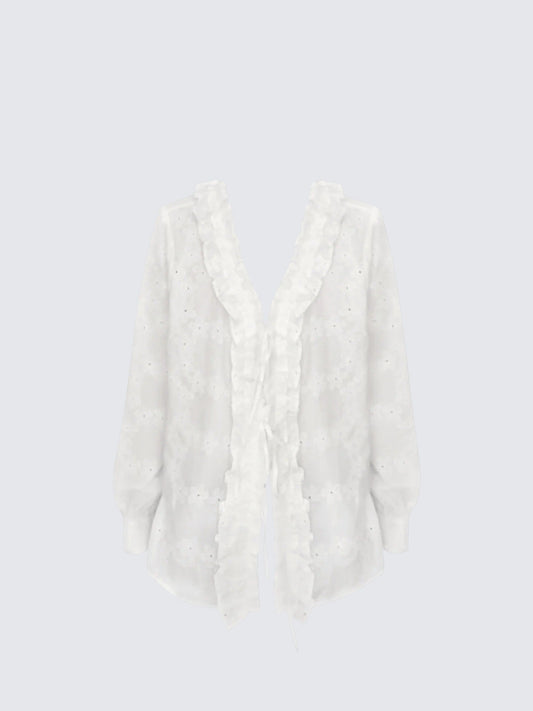 French Ruffle White Long Sleeve Shirt Women