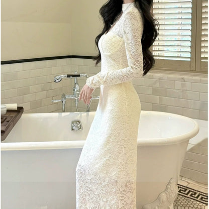 French Lace Cutout Long Sleeve Fall Gown Dress