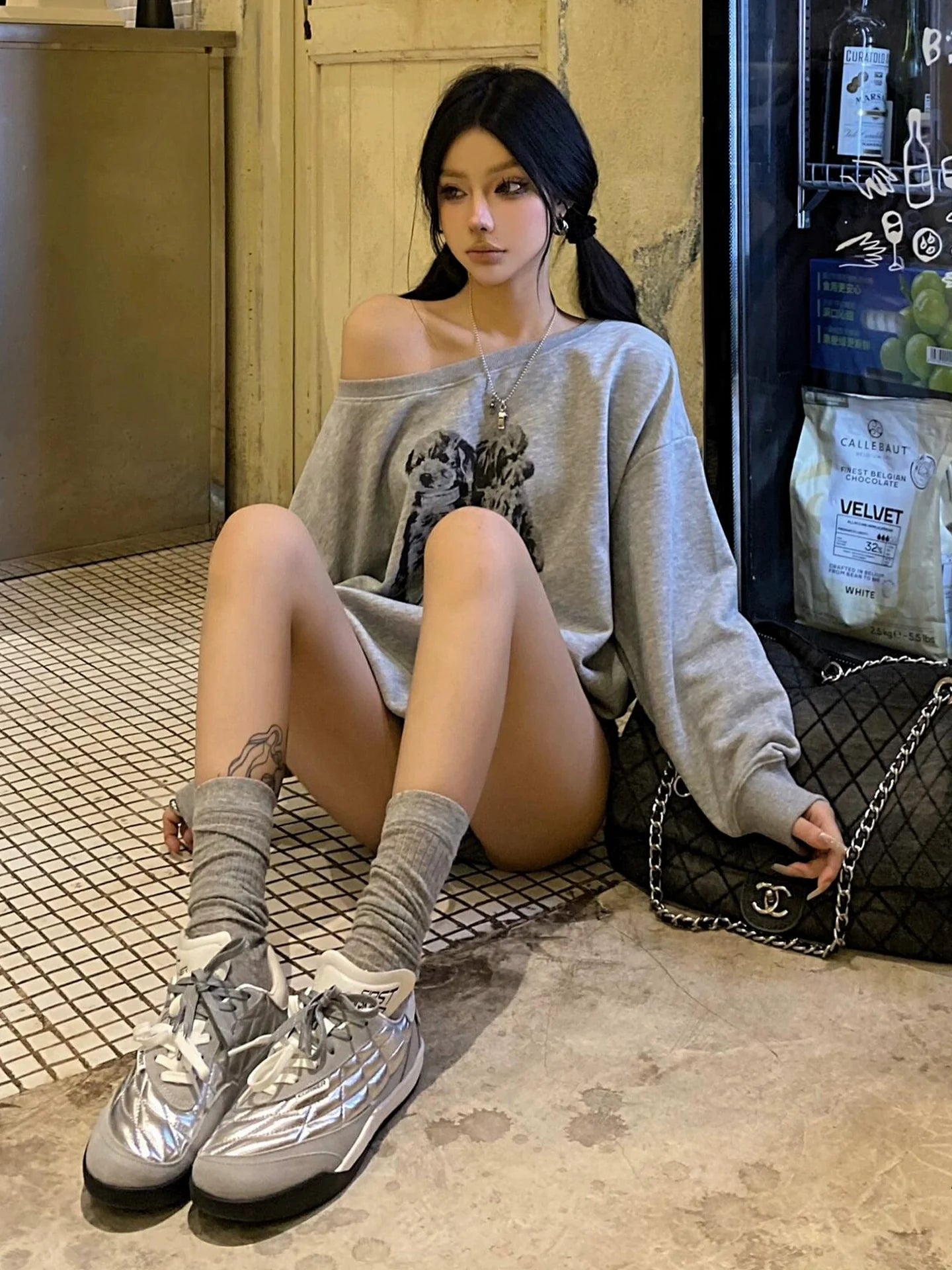 American Hot-Girl Gray Off-Shoulder Sweatshirt Dog Print Long Sleeve