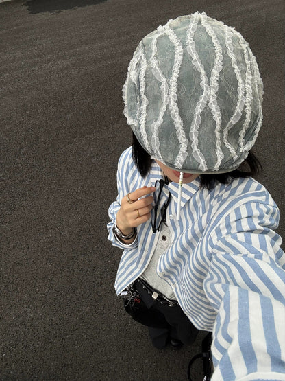 Nautical Blue White Stripe Shirt Jacket  Early Autumn Old Money Loose Long Sleeve Outerwear