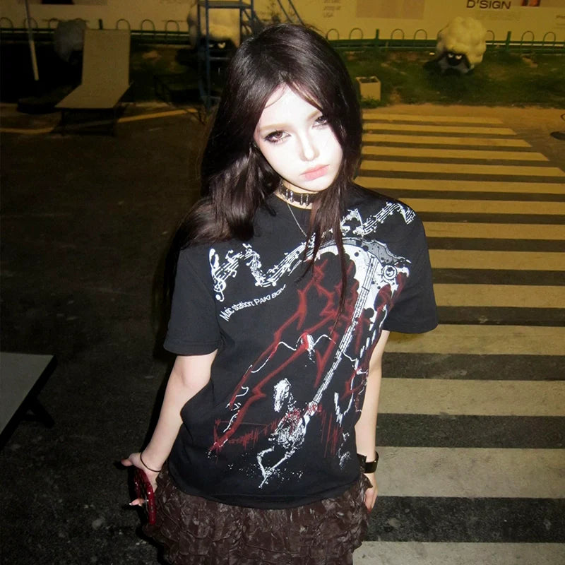Subculture Black Polo Tee Scythe Print Straight Shoulder Top