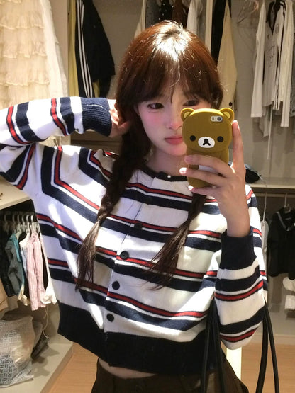 Striped Knit Cardigan Korean Lazy College Style Outerwear