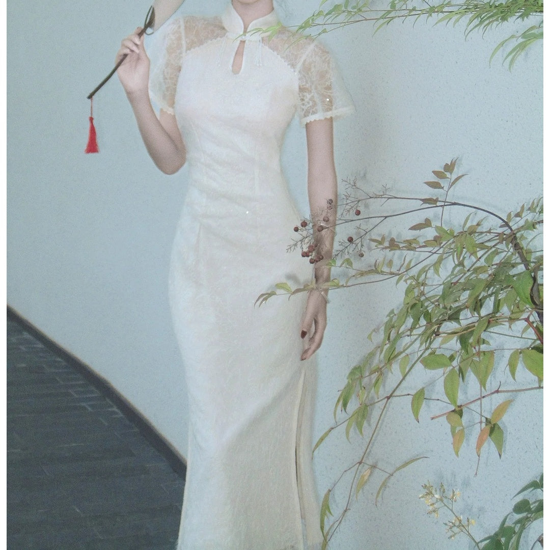 Modern Chinese Lace Cutout Sleeveless Gown Dress – National Style Evening Dress