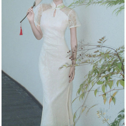 Modern Chinese Lace Cutout Sleeveless Gown Dress – National Style Evening Dress