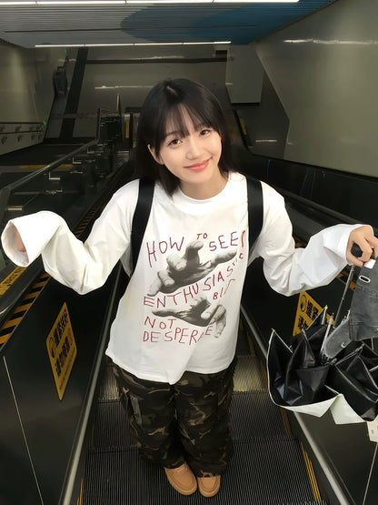 Korean Comfy White Long Sleeve Loose Fit Base Layer Top