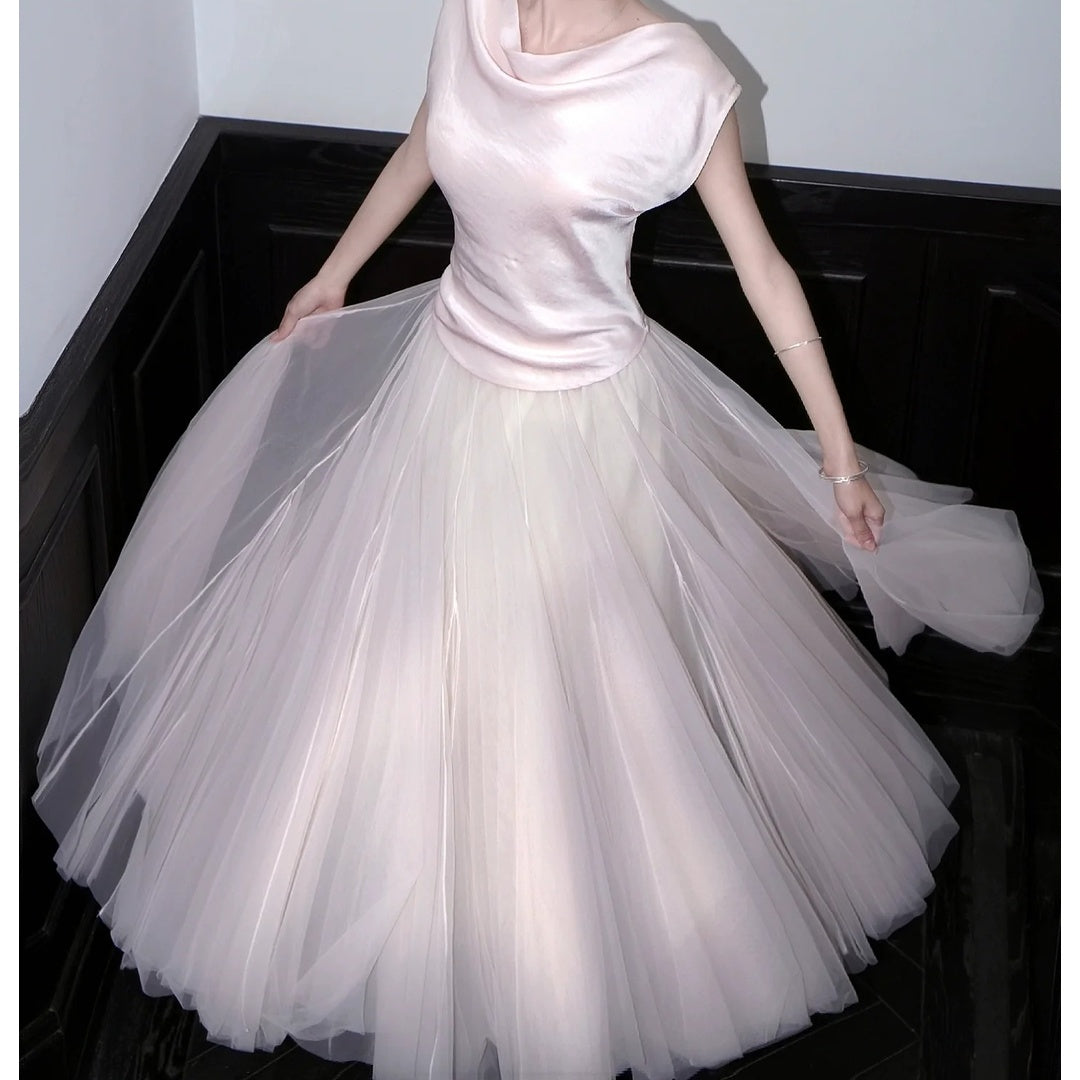 French Pink Satin Top Tulle Half Skirt Gown Set