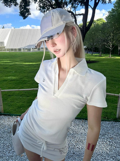American White Polo Tee V-Neck Slim Fit Sports Top