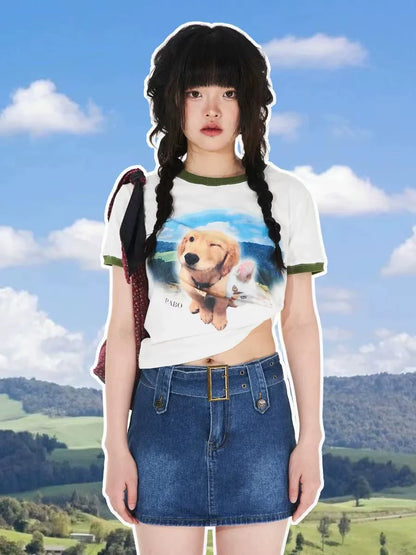 Milky White Subculture Y2K Soft Girl Puppy & Cat Print Short Top