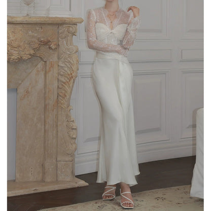 French Satin Long Sleeve Mermaid Gown Dress