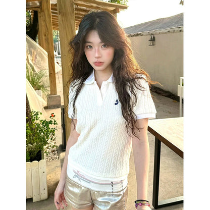 Preppy Embroidered Short Sleeve Polo Top Slim Fit Knit Shirt