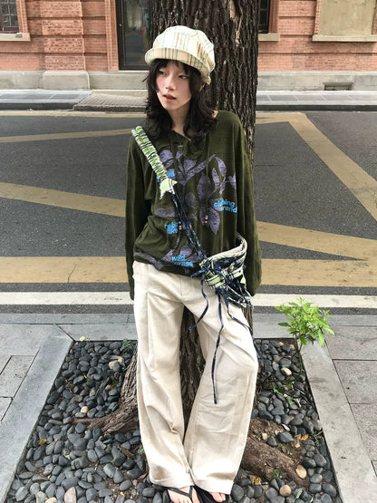 Oriental Tie Beaded V Neck Knit Long Sleeve Top